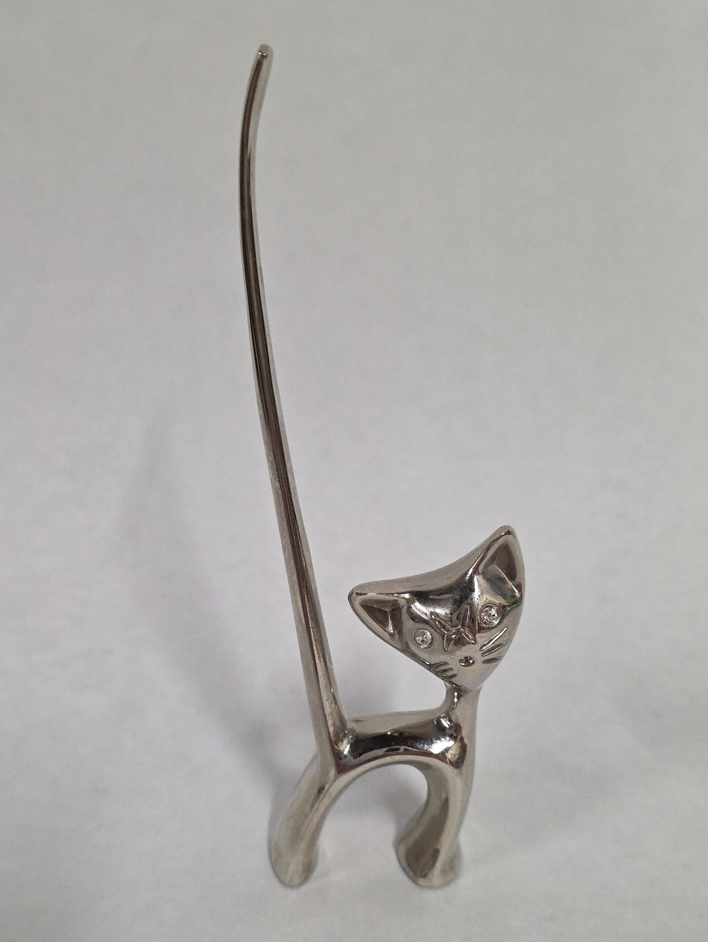 Vintage Silver-Plated Atomic Cat with Long Tail Ring Holder Rhinestone Eyes